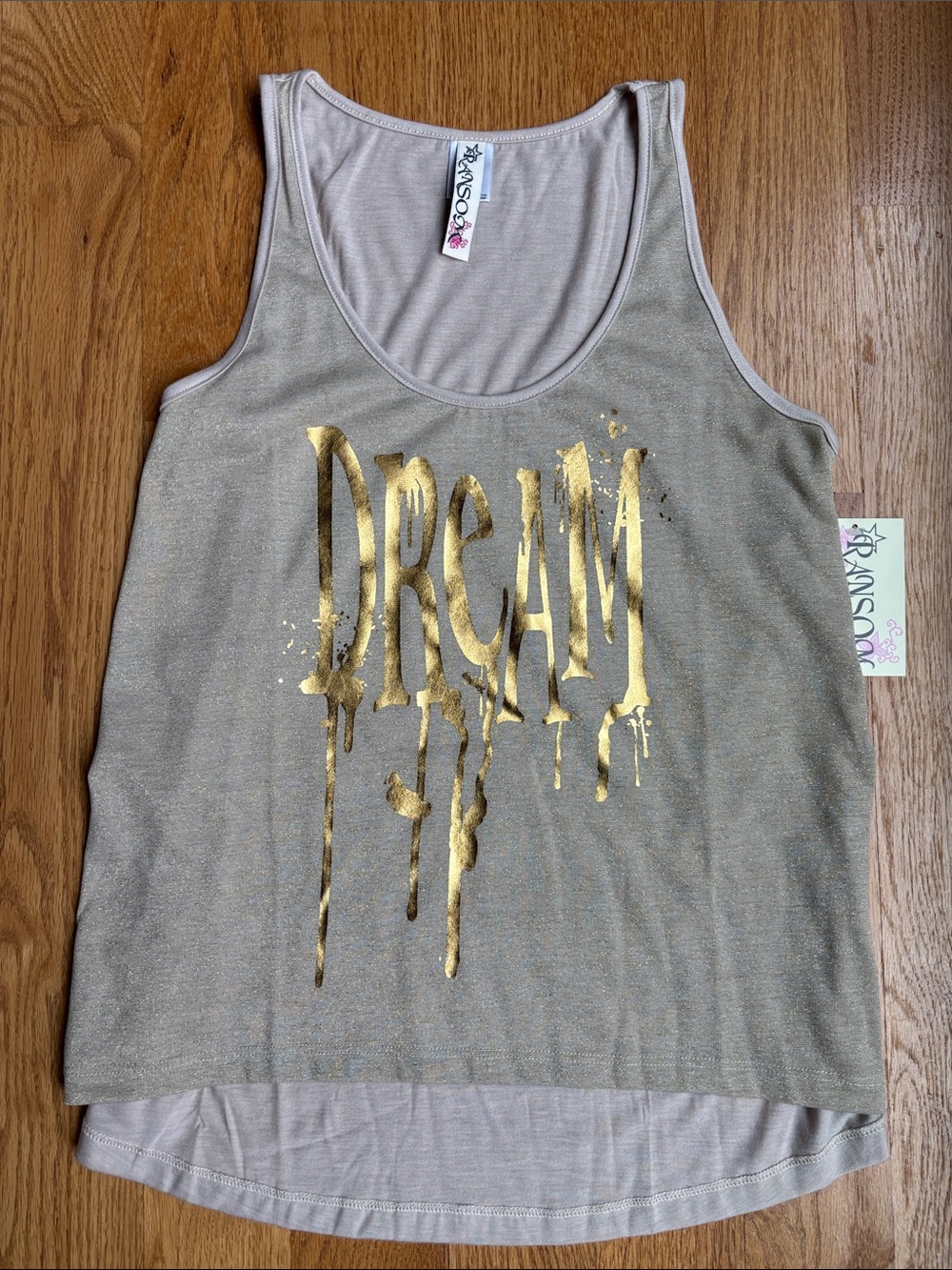XOXO Taupe Tank Top with Metallic Gold "DREAM" Graphic
